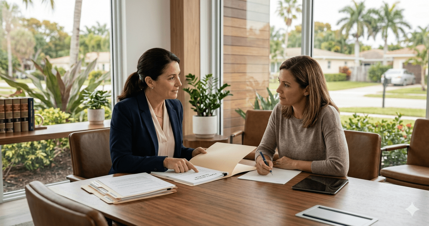 Florida foreclosure defense lawyer reviewing mortgage paperwork with homeowner client in Orlando law office