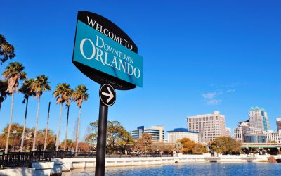 Orlando downtown welcome sign with tropical scene