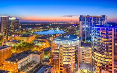 Orlando-Florida-aerial-cityscape-towards-Eola-Lake